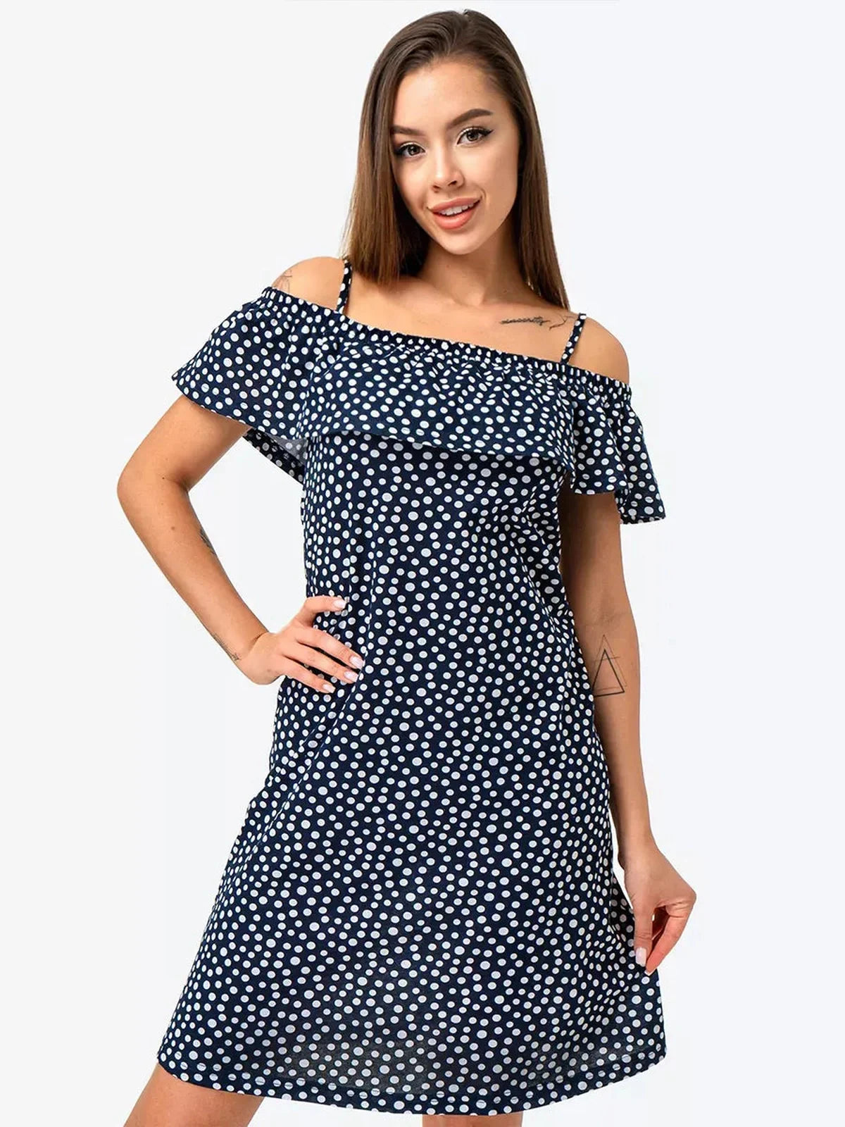Lucy Mini Dress by Lauven in navy polka dot cotton with off-shoulder ruffle, perfect for summer and day-to-night wear.