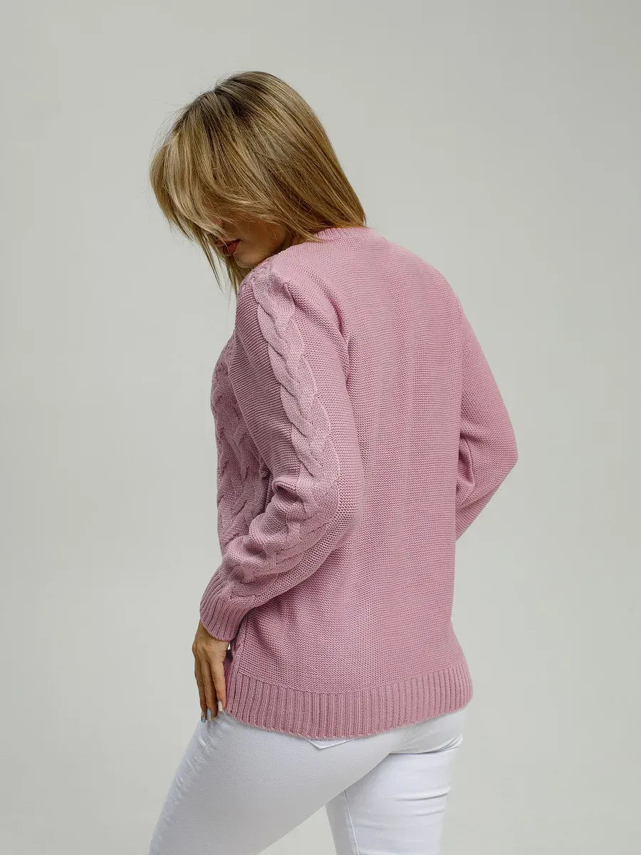Lyra Sweater by Lauven, stylish soft pink knitwear with elegant cable knit design and breathable comfort.