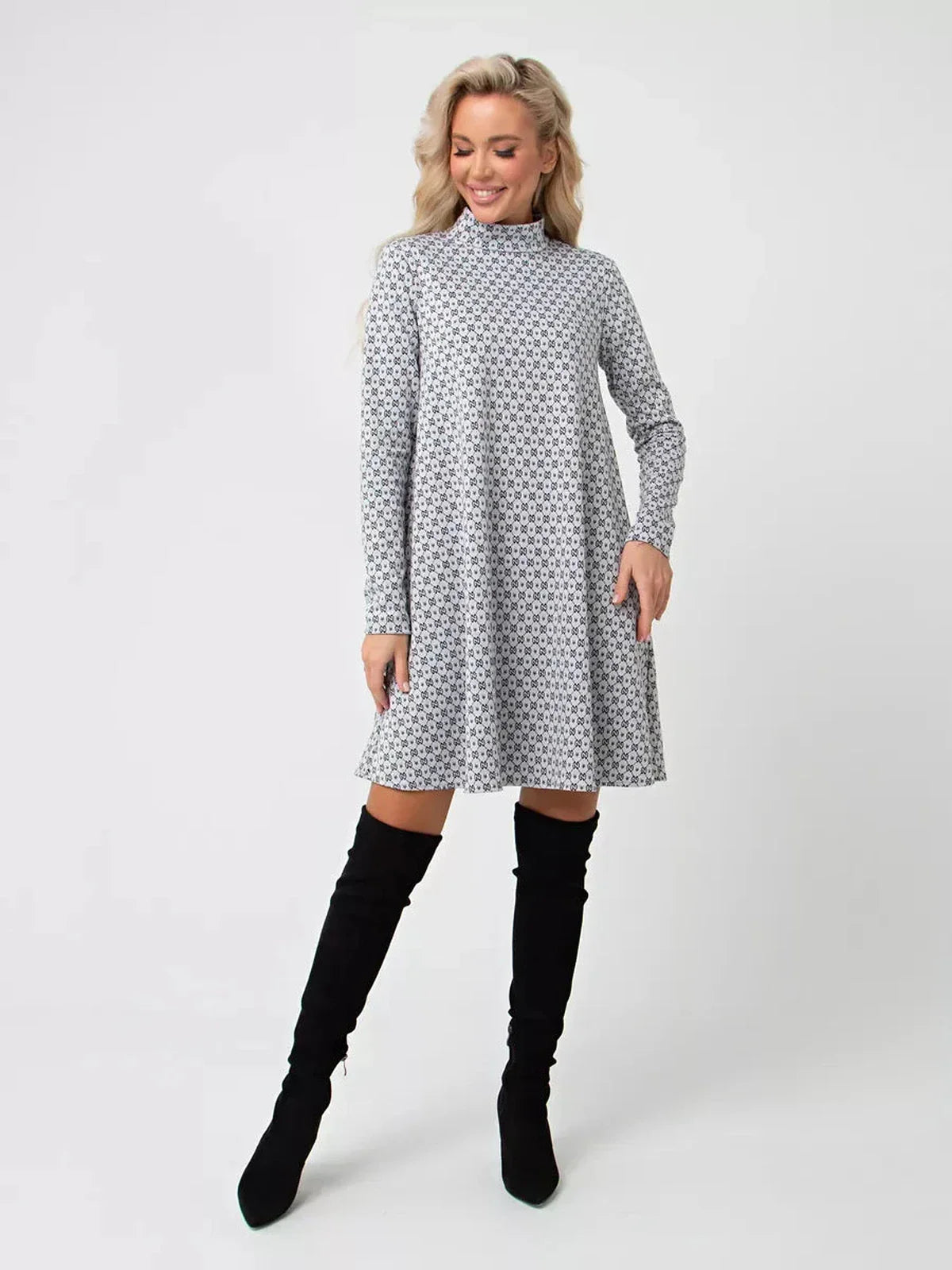 Maia Mini Dress by Lauven in graphite grey print A-line with long sleeves and stand collar.
