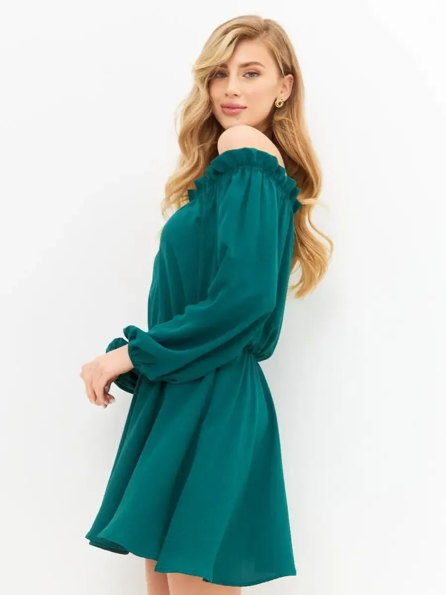 Malachite Mini Dress by Lauven, elegant off-shoulder dress with long sleeves in vibrant teal color.