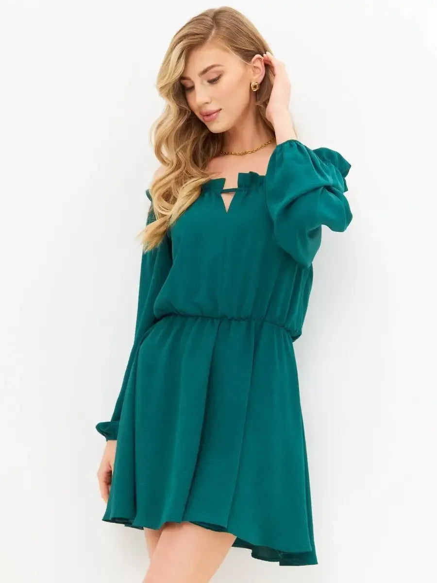 Malachite Mini Dress by Lauven – Elegant off-shoulder mini dress with long sleeves and adjustable neckline.