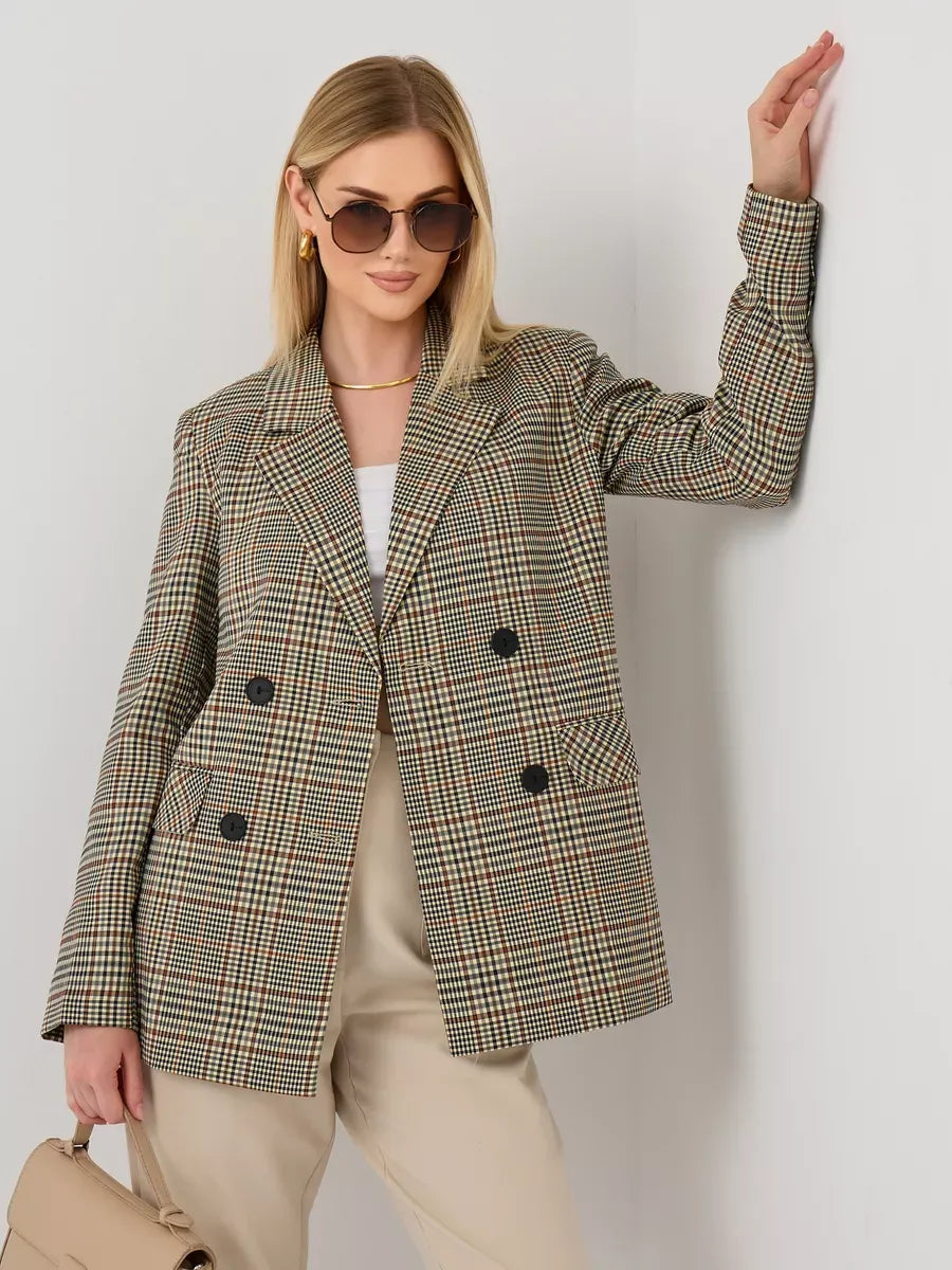 Maple Blazer by Lauven, elegant oversized brown checked women's blazer with a V-neckline and structured fit.