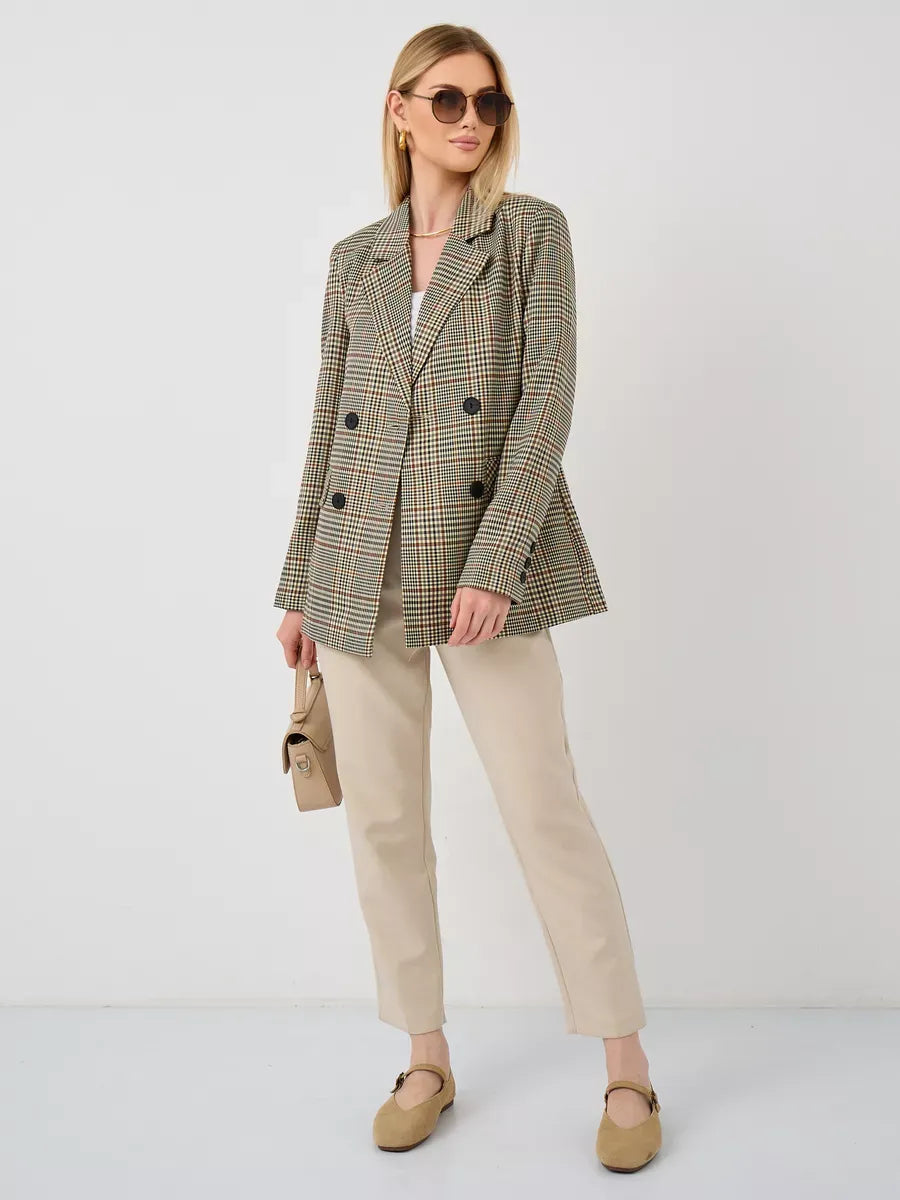 Maple Blazer by Lauven - Elegant oversized brown checked women's blazer, styled with beige trousers and sunglasses.