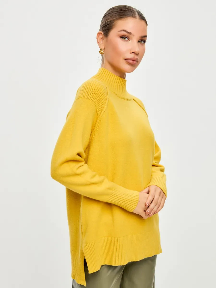 Marigold Sweater by Lauven - Oversized cashmere blend sweater with high neck in vibrant yellow for women.