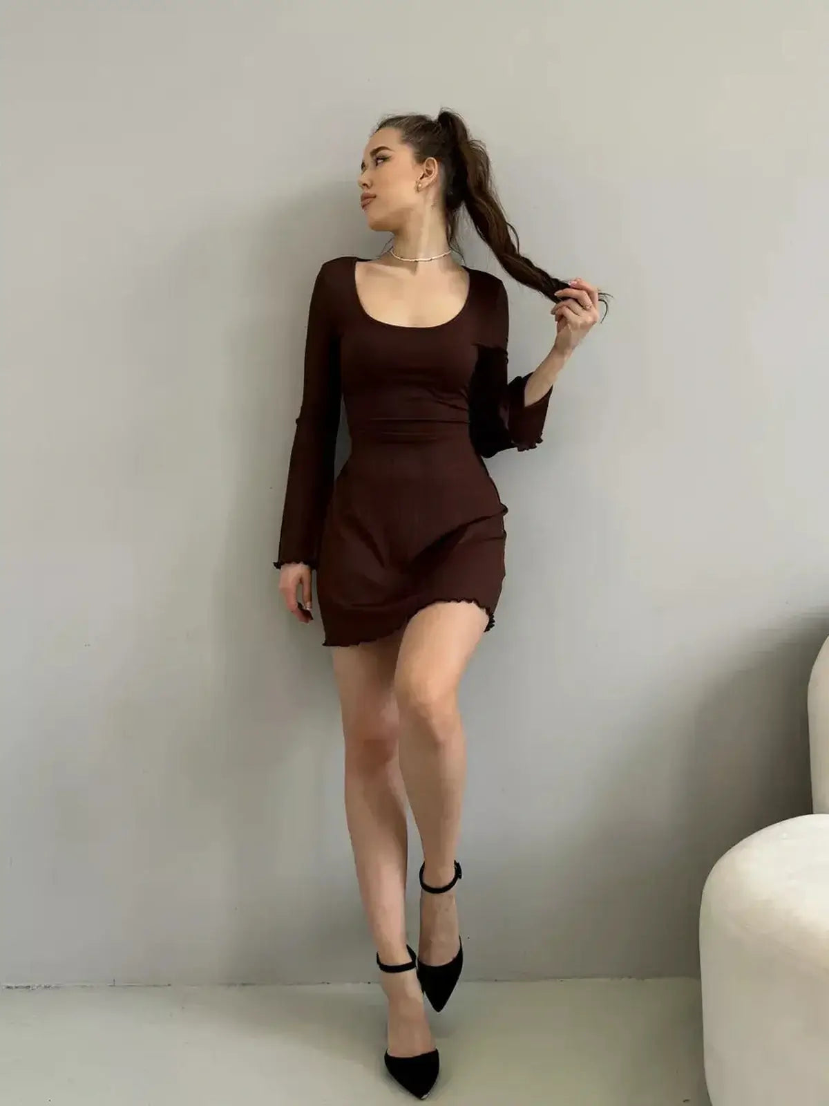 Mia Mini Dress by Lauven in cocoa ribbed knit, featuring long sleeves and a scoop neckline.
