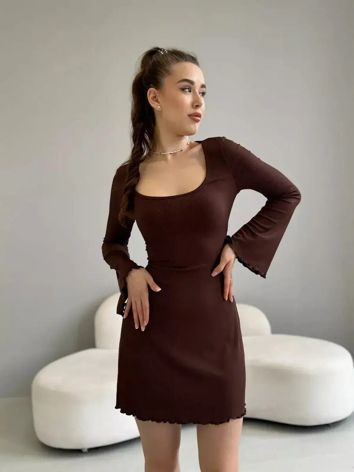 Mia Mini Dress by Lauven in cocoa ribbed knit, featuring a scoop neckline and long sleeves, perfect for stylish outings.