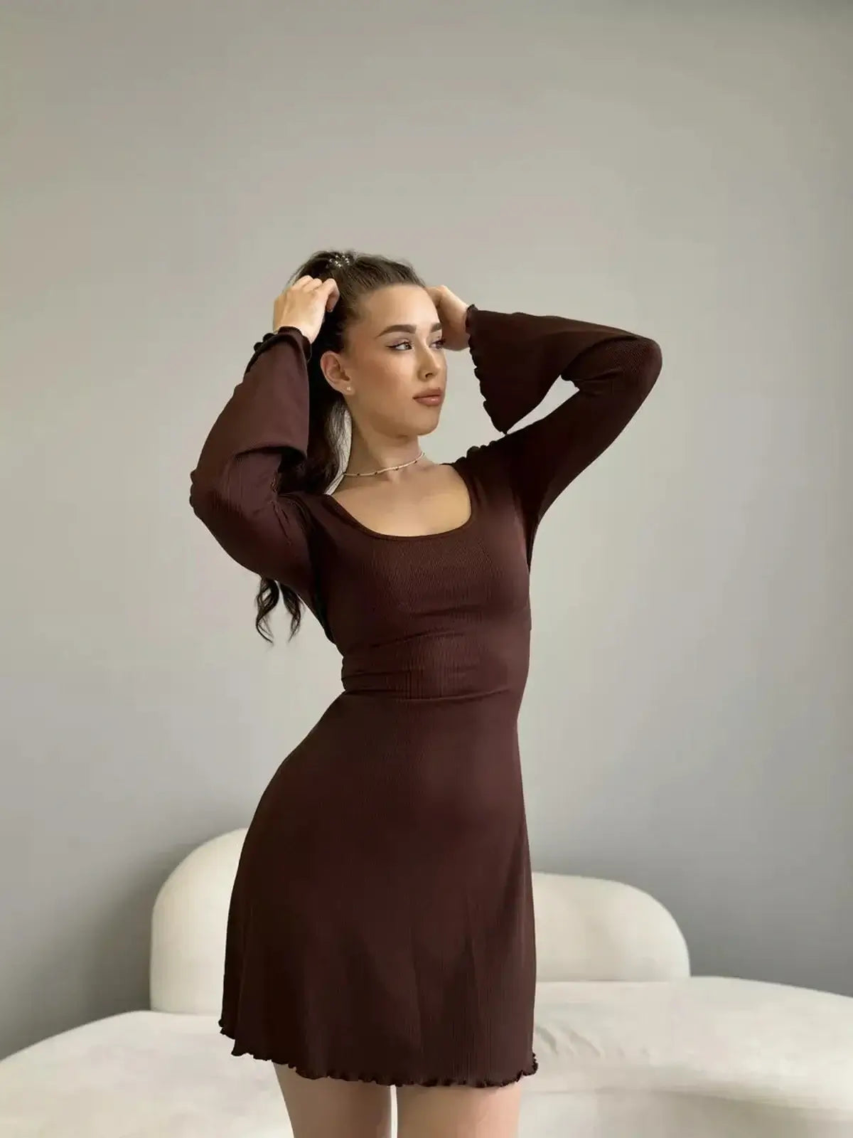 Mia Mini Dress by Lauven in cocoa ribbed knit, featuring scoop neckline and long sleeves, perfect for any occasion.