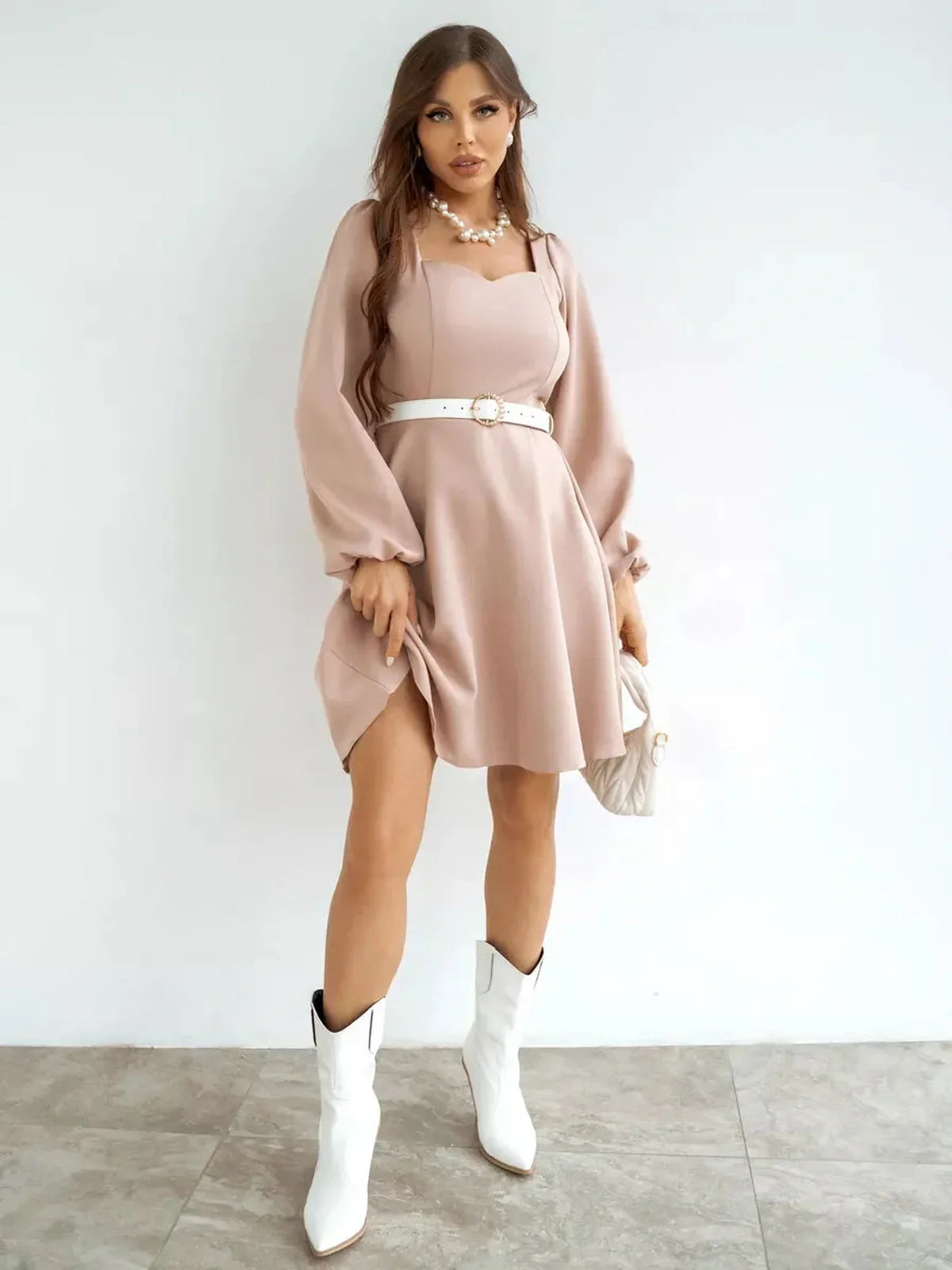 Milanese Mini Dress by Lauven, blush pink long sleeve A-line dress with a square neckline and gathered shoulders.