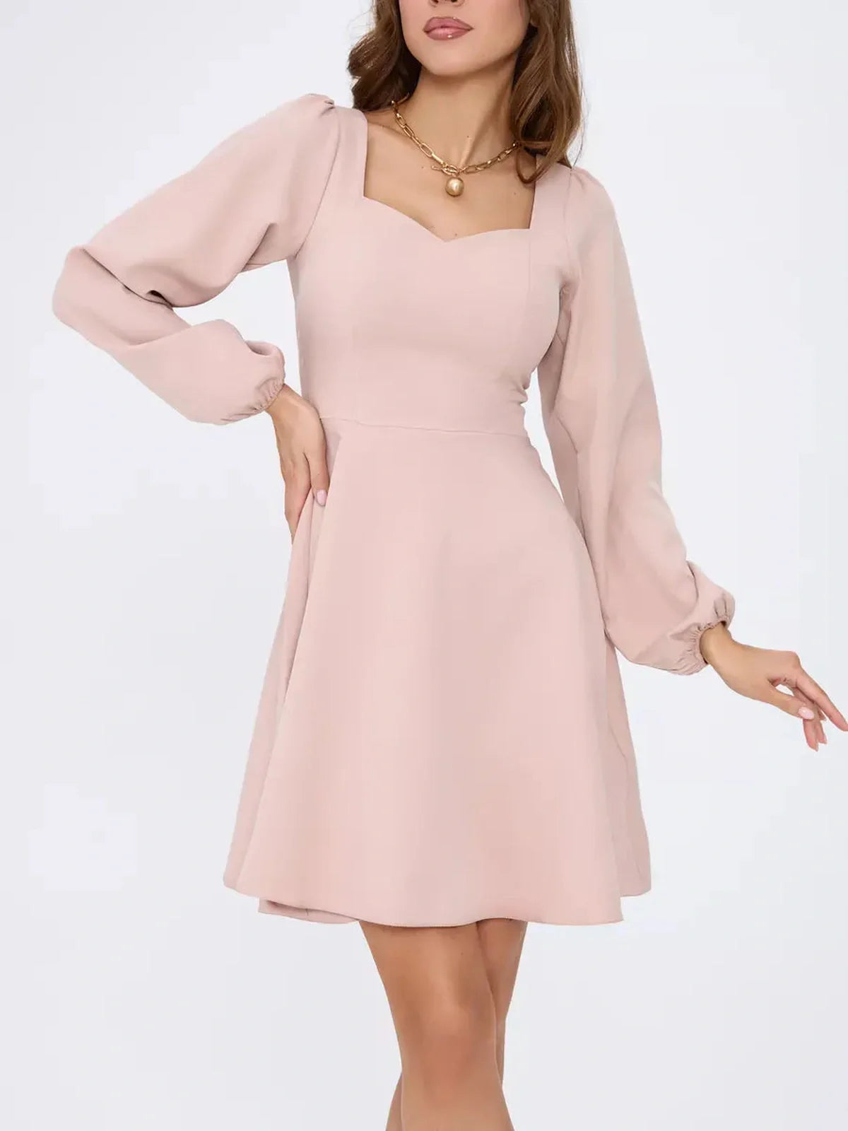Milanese Mini Dress by Lauven, blush pink long sleeve A-line dress with a square neckline and gathered shoulders.