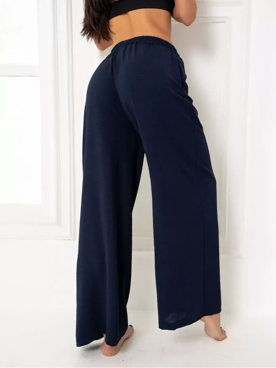 Navy Suit Set by Lauven featuring wide-leg trousers with a comfortable elastic waistband, crafted from premium fabric.