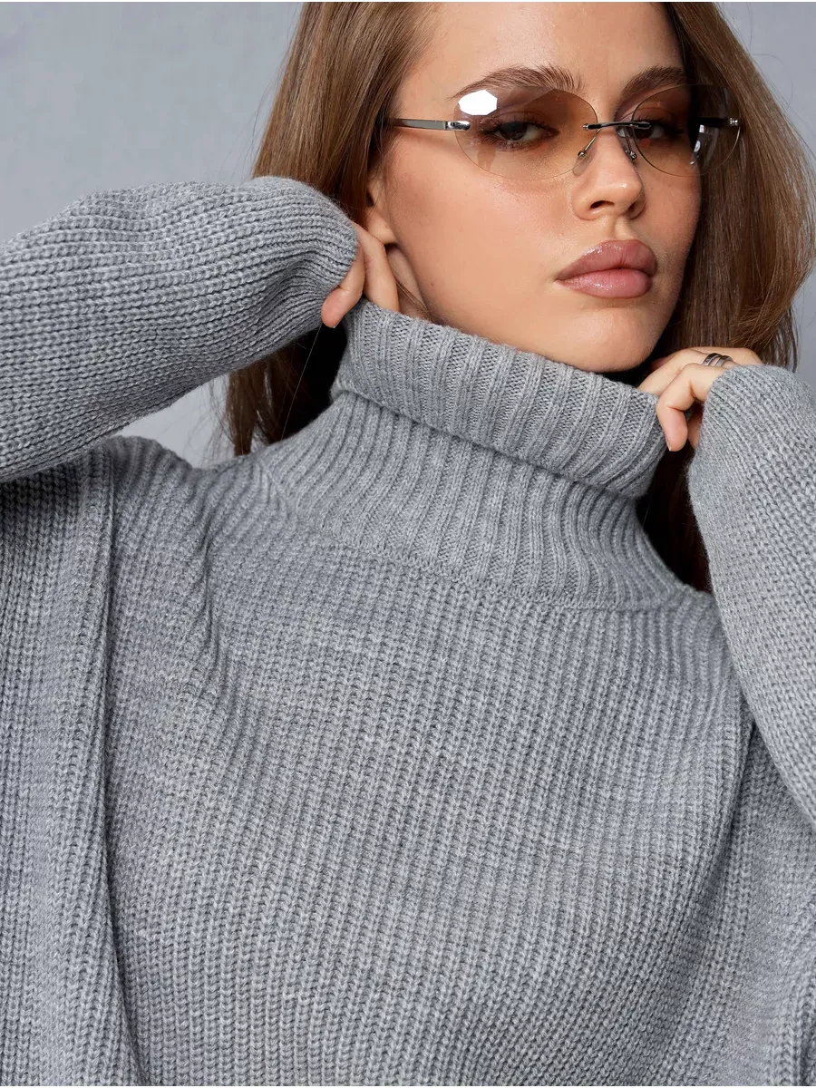 Nimbus Pullover by Lauven — Light gray oversized knit sweater with high neck, perfect for chic comfort.