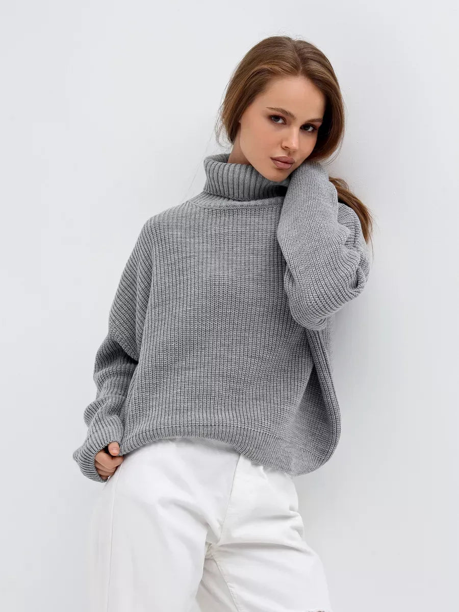 Nimbus Pullover by Lauven - Oversized light gray knit sweater with high neck, perfect for comfort and style.