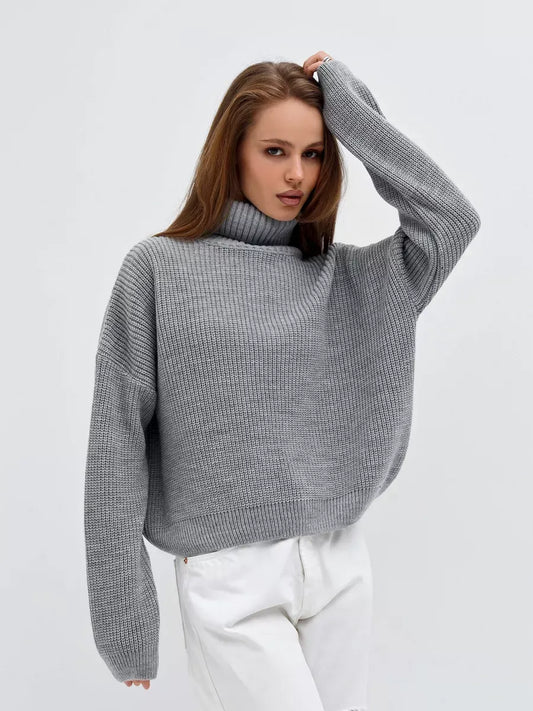 Nimbus Pullover by Lauven—Oversized light gray knit sweater with high neck for refined style and comfort.