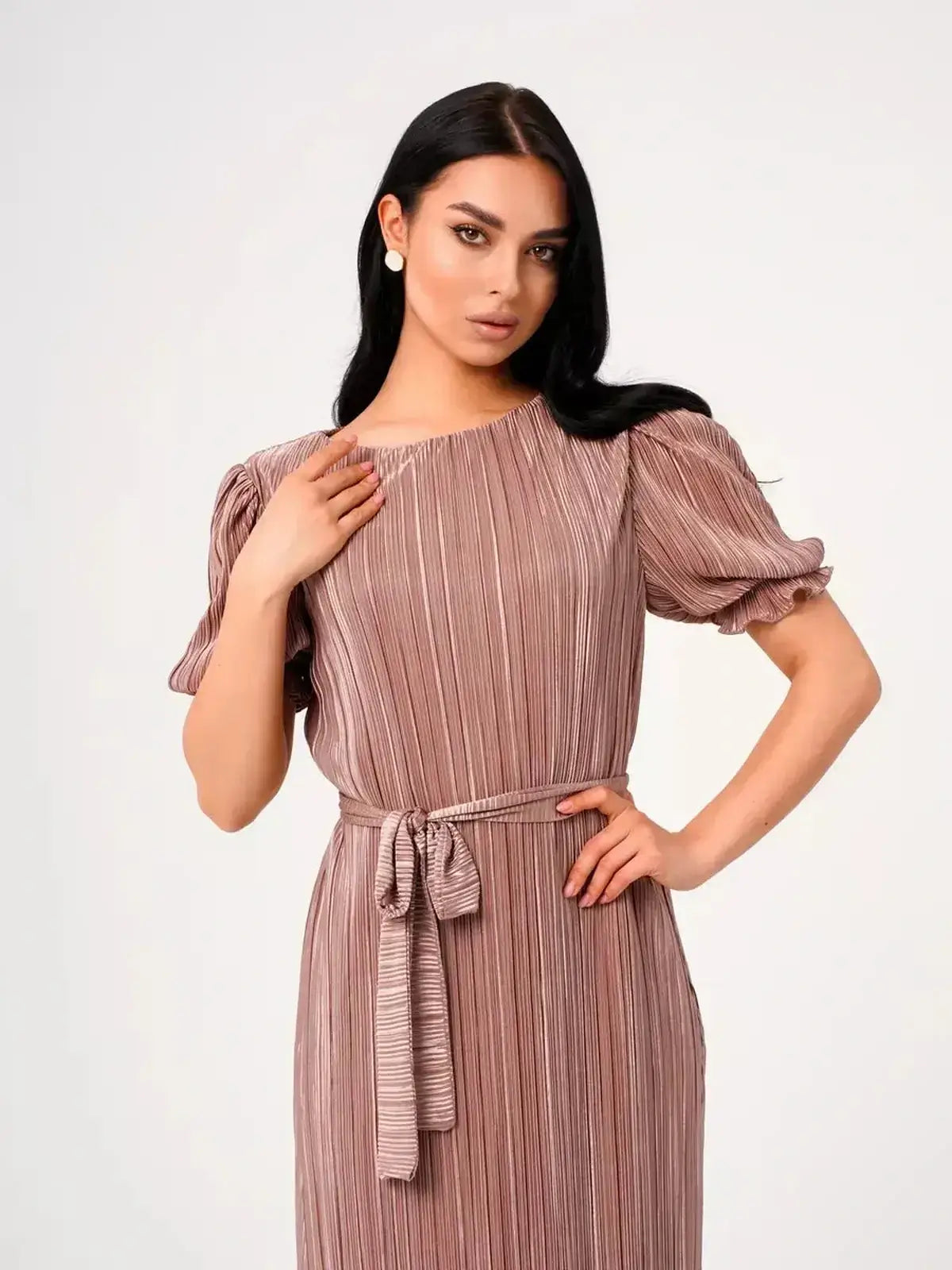 Lauven Noa Maxi Dress featuring elegant pleats, puff sleeves, and a lustrous drape in cappuccino hue.