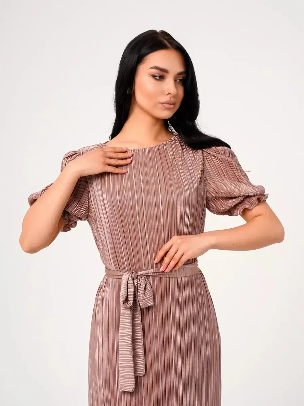 Noa Maxi Dress by Lauven featuring elegant pleats, puff sleeves, and a soft cappuccino hue for sophisticated occasions.