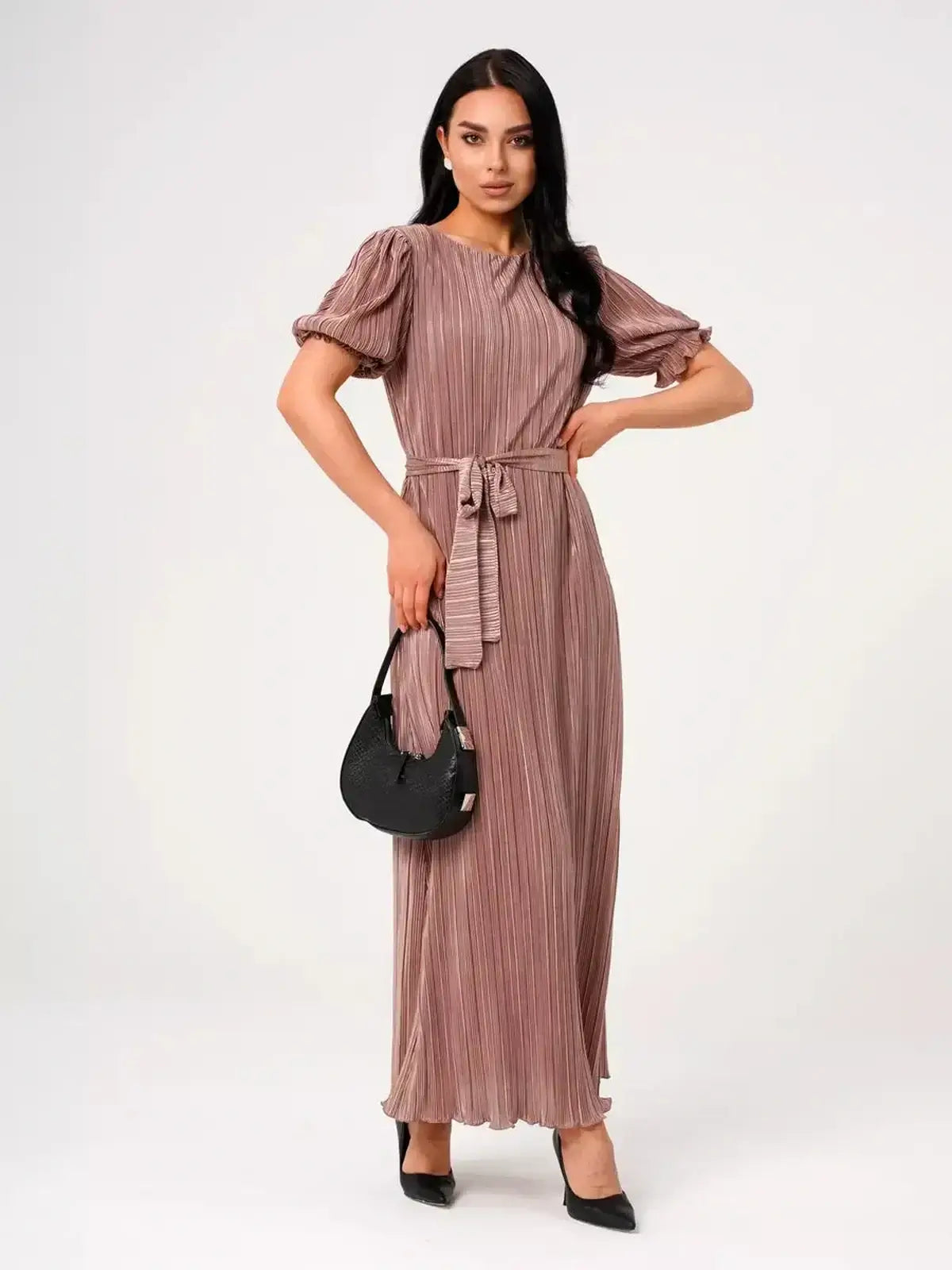Noa Maxi Dress by Lauven in soft cappuccino, featuring elegant pleats and puff sleeves, perfect for any occasion.