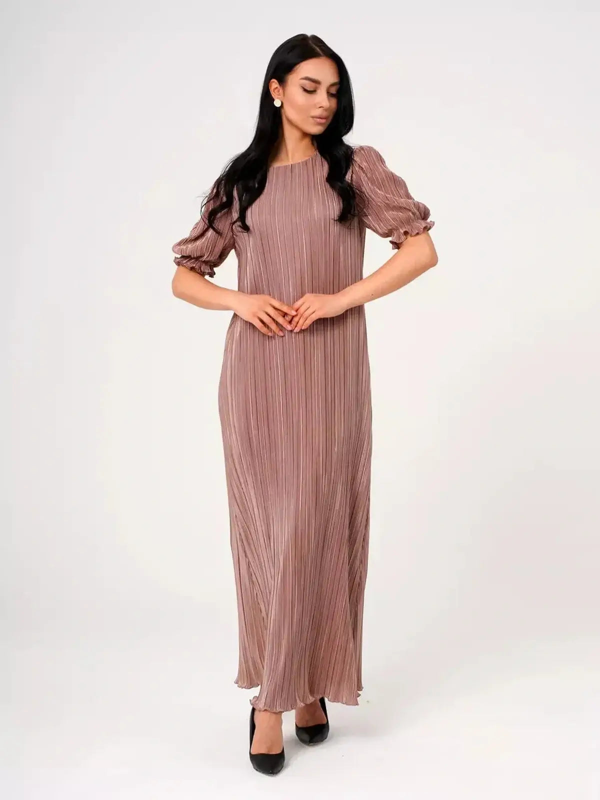 Noa Maxi Dress from Lauven featuring elegant pleats, puff sleeves, and a lustrous drape in light cappuccino hue.