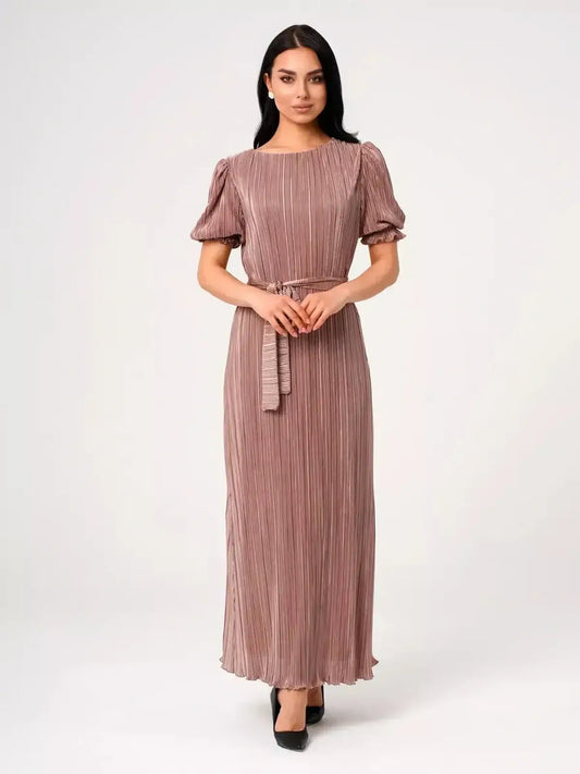 Noa Maxi Dress by Lauven featuring elegant pleats and puff sleeves in a light cappuccino hue.