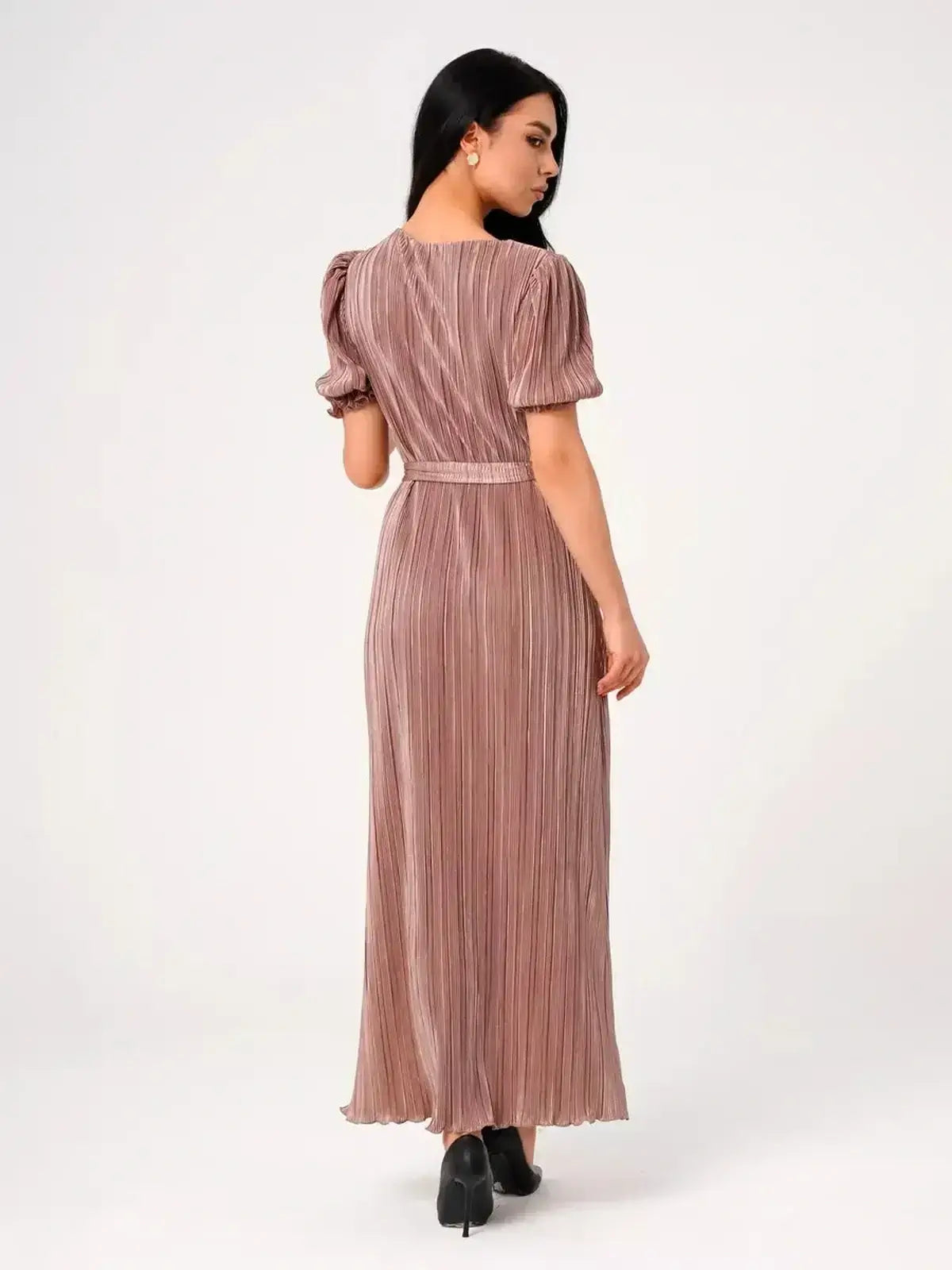 Noa Maxi Dress featuring elegant pleats, puff sleeves, and a flattering longline silhouette in light cappuccino hue.