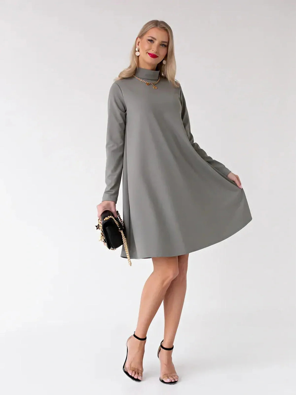 Noelle Mini Dress by Lauven in gray A-line silhouette, featuring long sleeves and a stand collar.