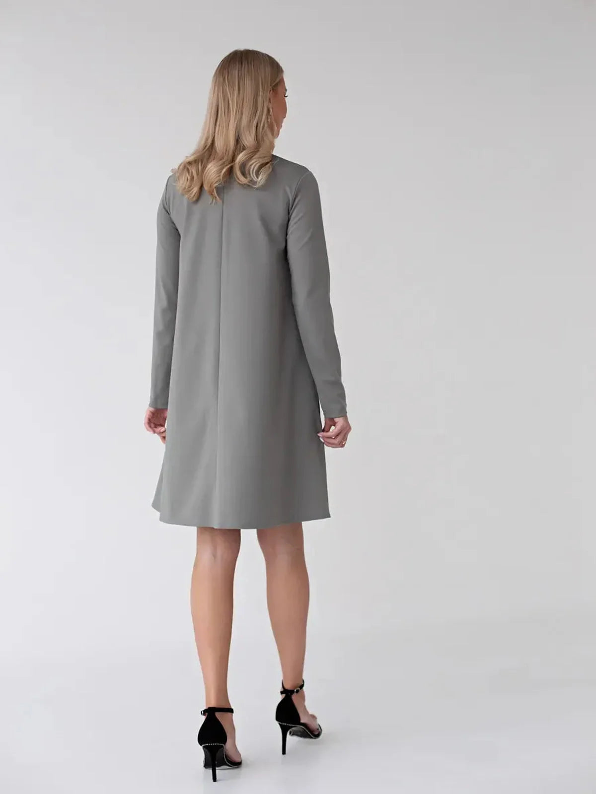 Noelle Mini Dress by Lauven in gray, showcasing the back view with long sleeves and a stand collar.