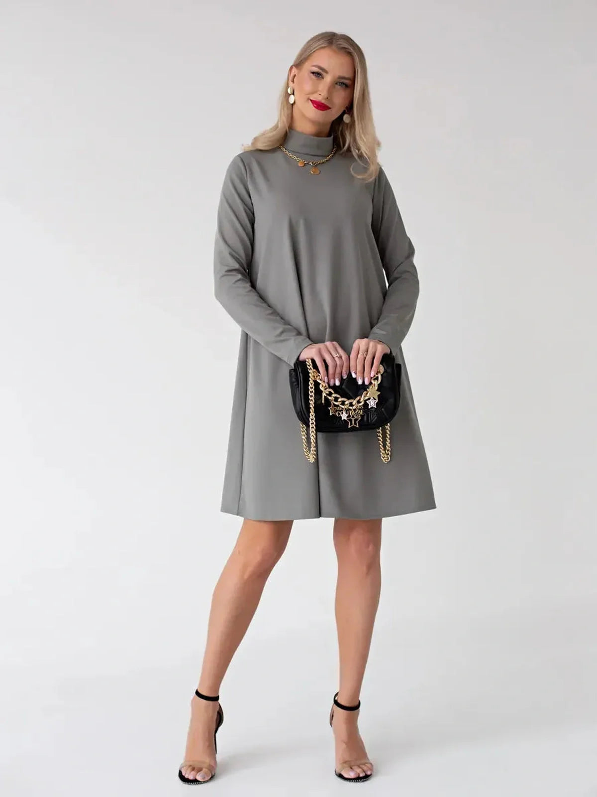 Lauven Noelle Mini Dress in gray, A-line long sleeve with stand collar, perfect for day-to-night elegance.