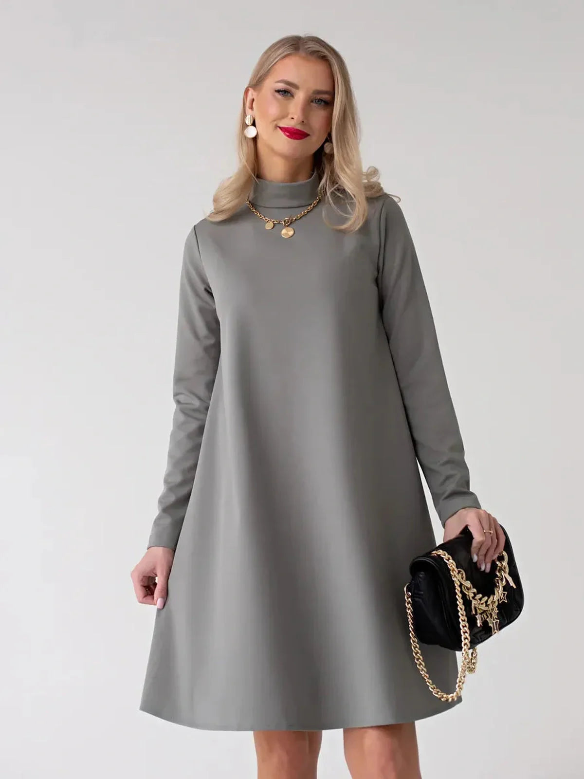 Noelle Mini Dress by Lauven – Gray A-Line Long Sleeve Dress with Stand Collar and Back Zip