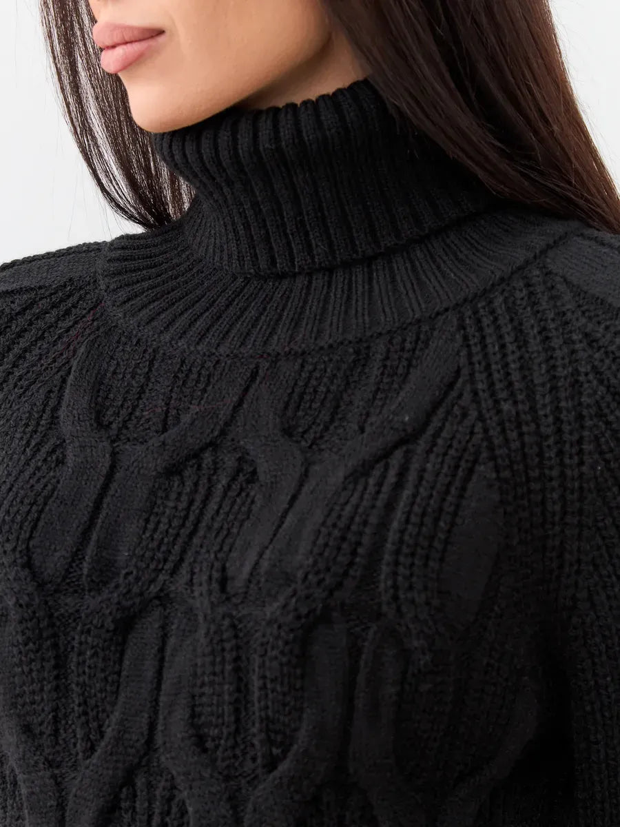 Noir Knitwear by Lauven, women's wool-blend chunky cable-knit turtleneck sweater, elegant black design.