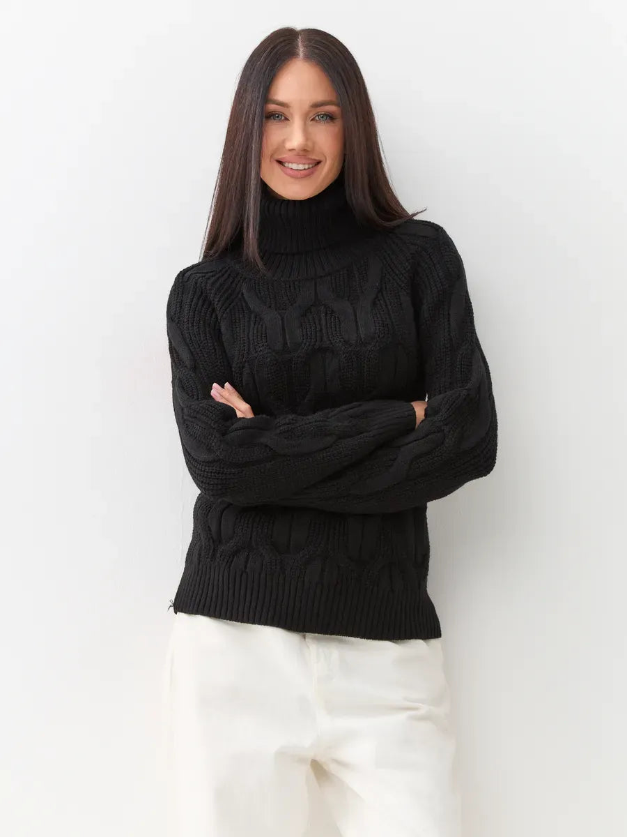 Noir Knitwear by Lauven, women’s luxurious wool-blend turtleneck sweater in black with chunky cable-knit design.