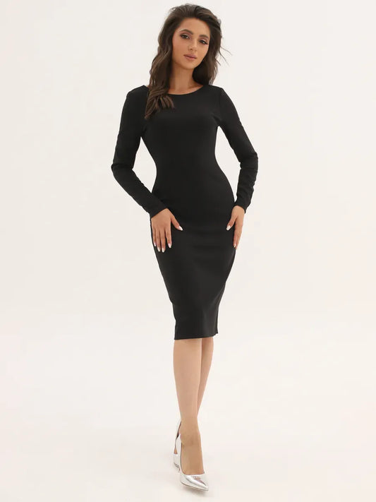 Noir Midi Dress by Lauven featuring a sleek black bodycon fit, perfect for versatile styling.