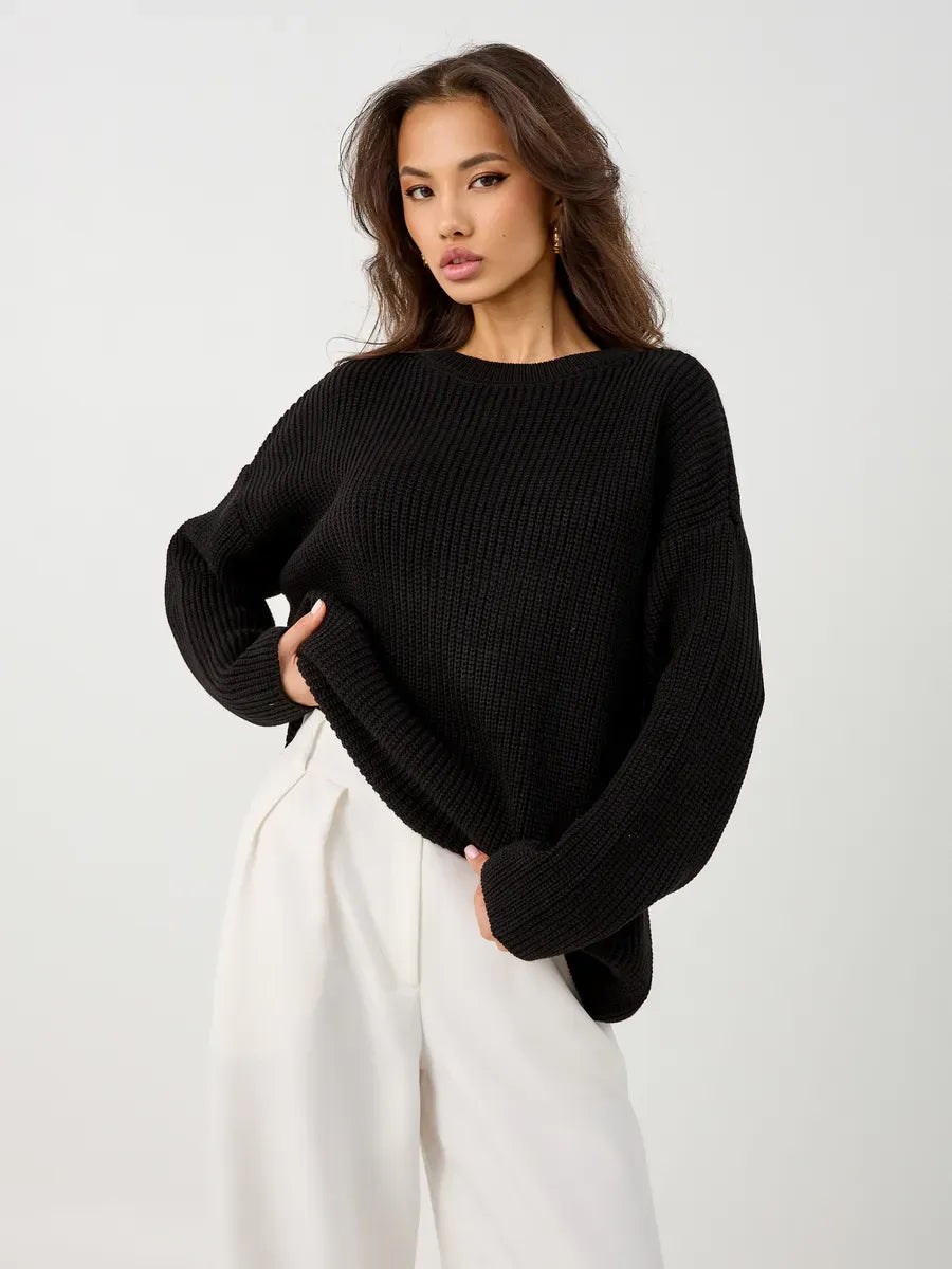 Nola Sweater by Lauven - Oversized black knit pullover with crew neck and relaxed silhouette.