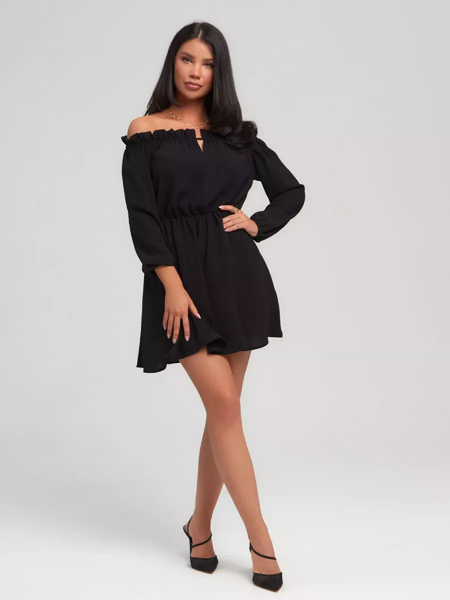 Nova Mini Dress by Lauven – Elegant off-shoulder black mini dress perfect for special occasions.