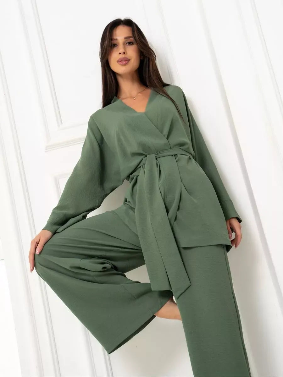 Olive Suit Set by Lauven, featuring an elegant oversized two piece set in soft green with loose-fit styling.