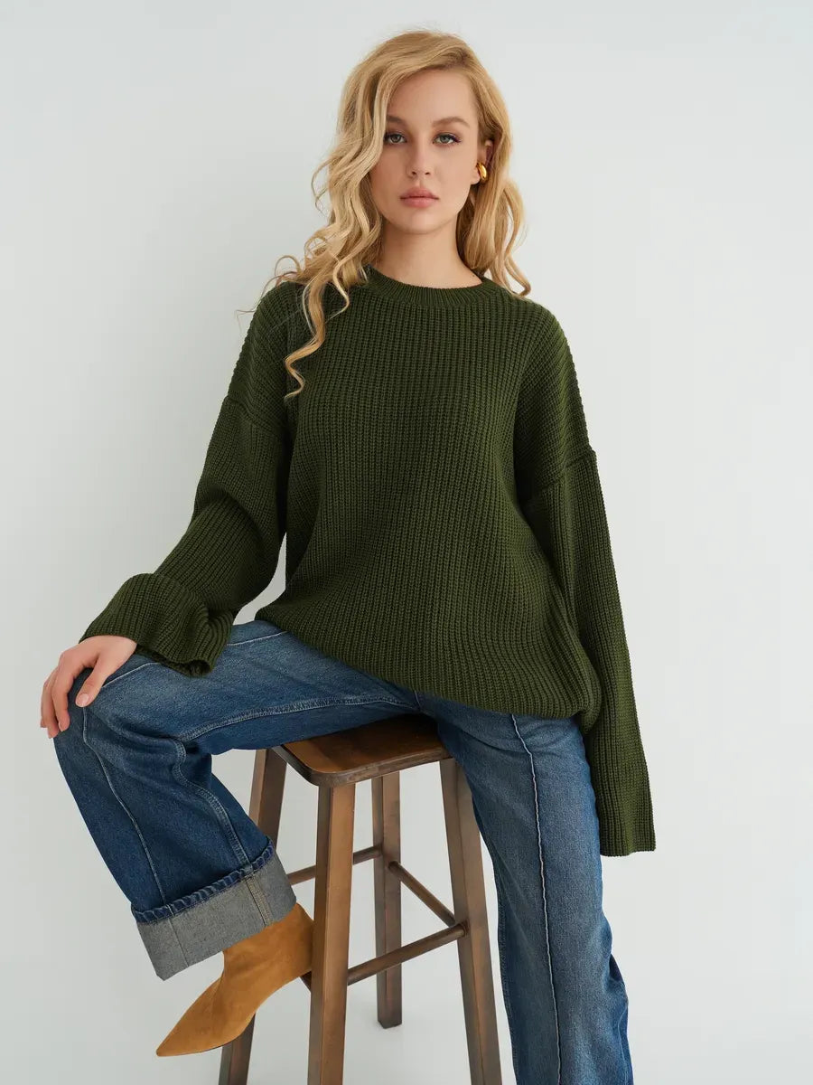 Olive Sweater by Lauven, oversized knit in deep khaki, featuring ribbed texture and wide sleeves for a cozy look.