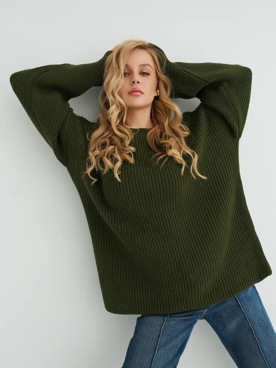 Olive Sweater by Lauven — Oversized knitwear in deep khaki with a relaxed fit and ribbed texture.