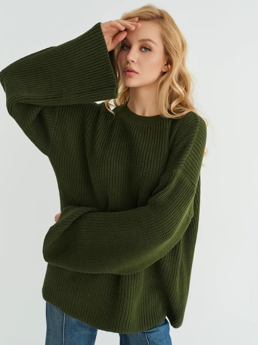 Olive Sweater by Lauven - Oversized knit in deep khaki with ribbed texture and wide sleeves for women.