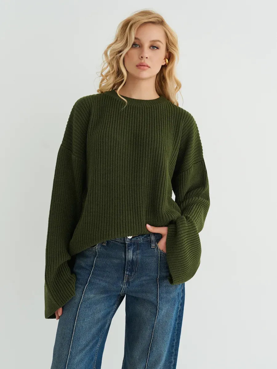 Olive Sweater by Lauven, oversized knit in deep khaki, featuring ribbed texture and wide sleeves.