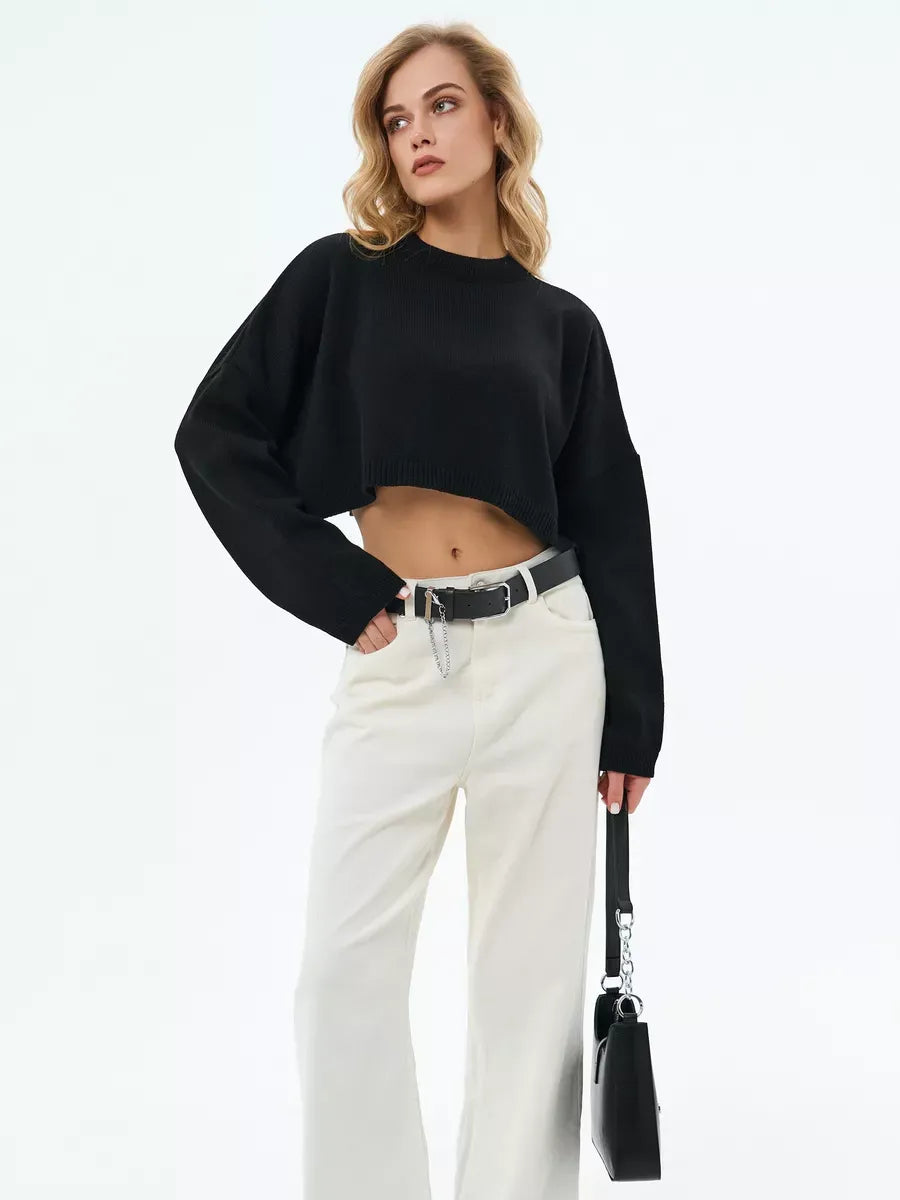 Onyx Sweater by Lauven, cropped oversized knit in black, perfect for modern minimalism and layering.