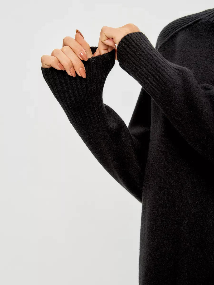 Onyx Sweater by Lauven featuring oversized black cashmere blend with high neck and ribbed sleeves.