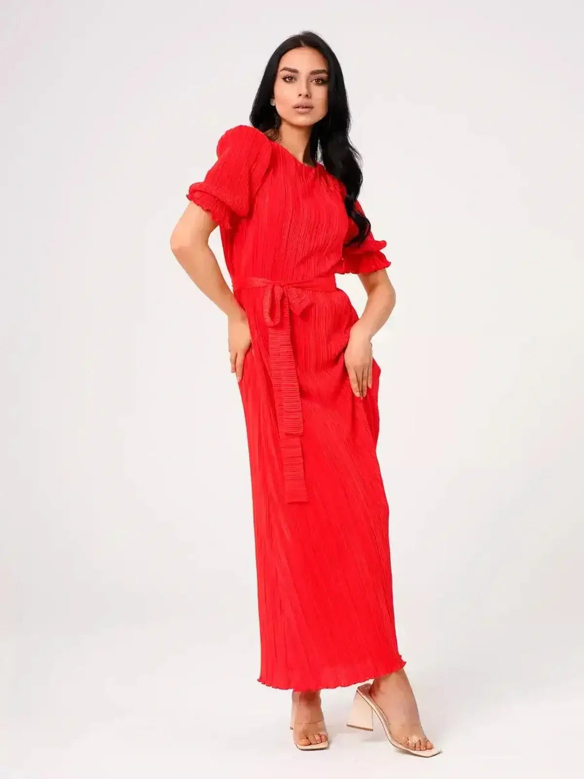 Ophelia Maxi Dress by Lauven, showcasing pleated elegance, belted waist, and romantic puff sleeves in vibrant red.