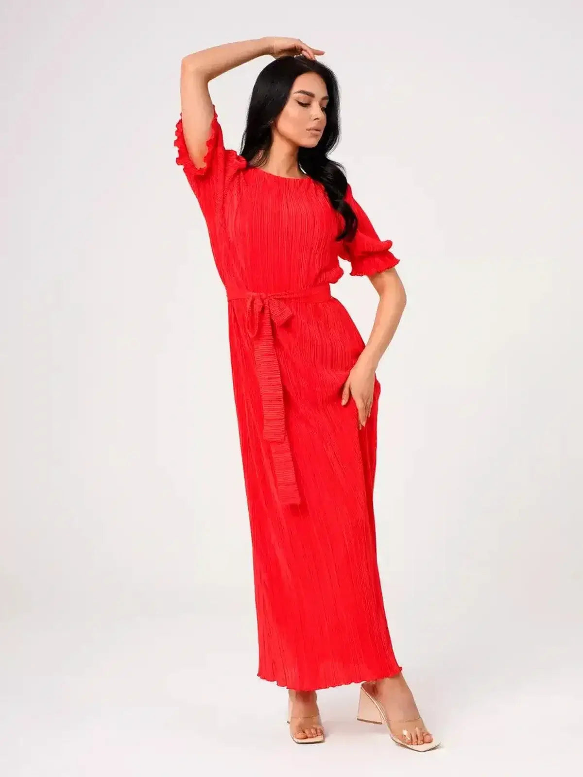 Ophelia Maxi Dress by Lauven in vibrant red, showcasing pleated elegance and belted waist for a chic summer look.