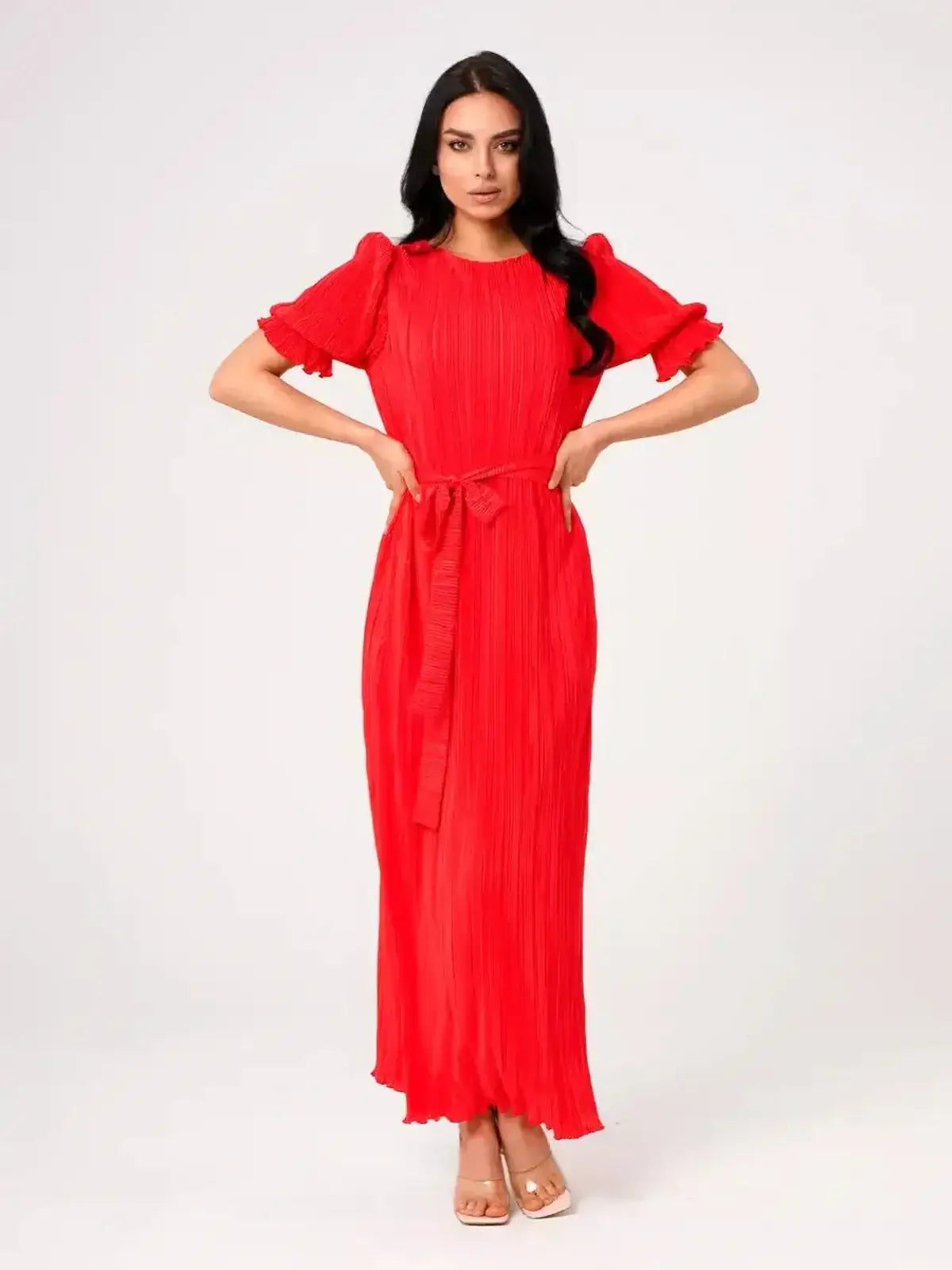 Ophelia Maxi Dress by Lauven – Elegant red pleated dress with puff sleeves and a belted waist for refined femininity.