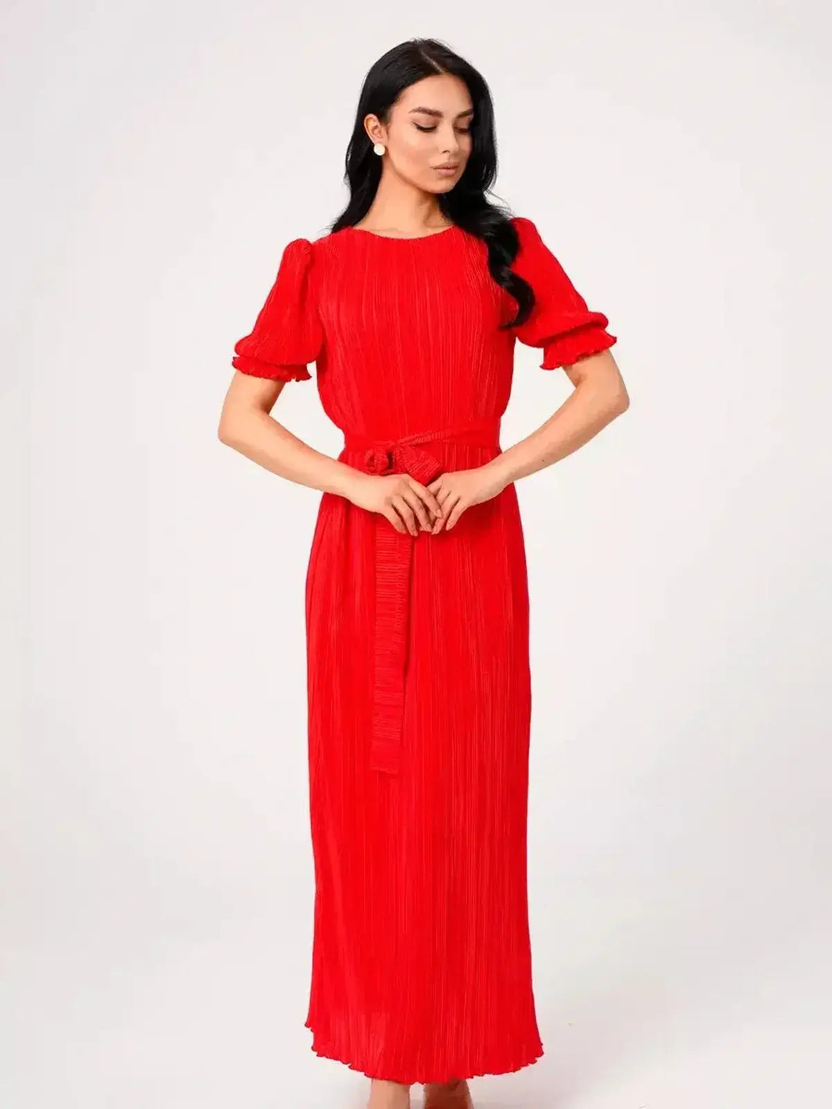 Ophelia Maxi Dress by Lauven - Vibrant red pleated maxi dress with puff sleeves and belted waist.
