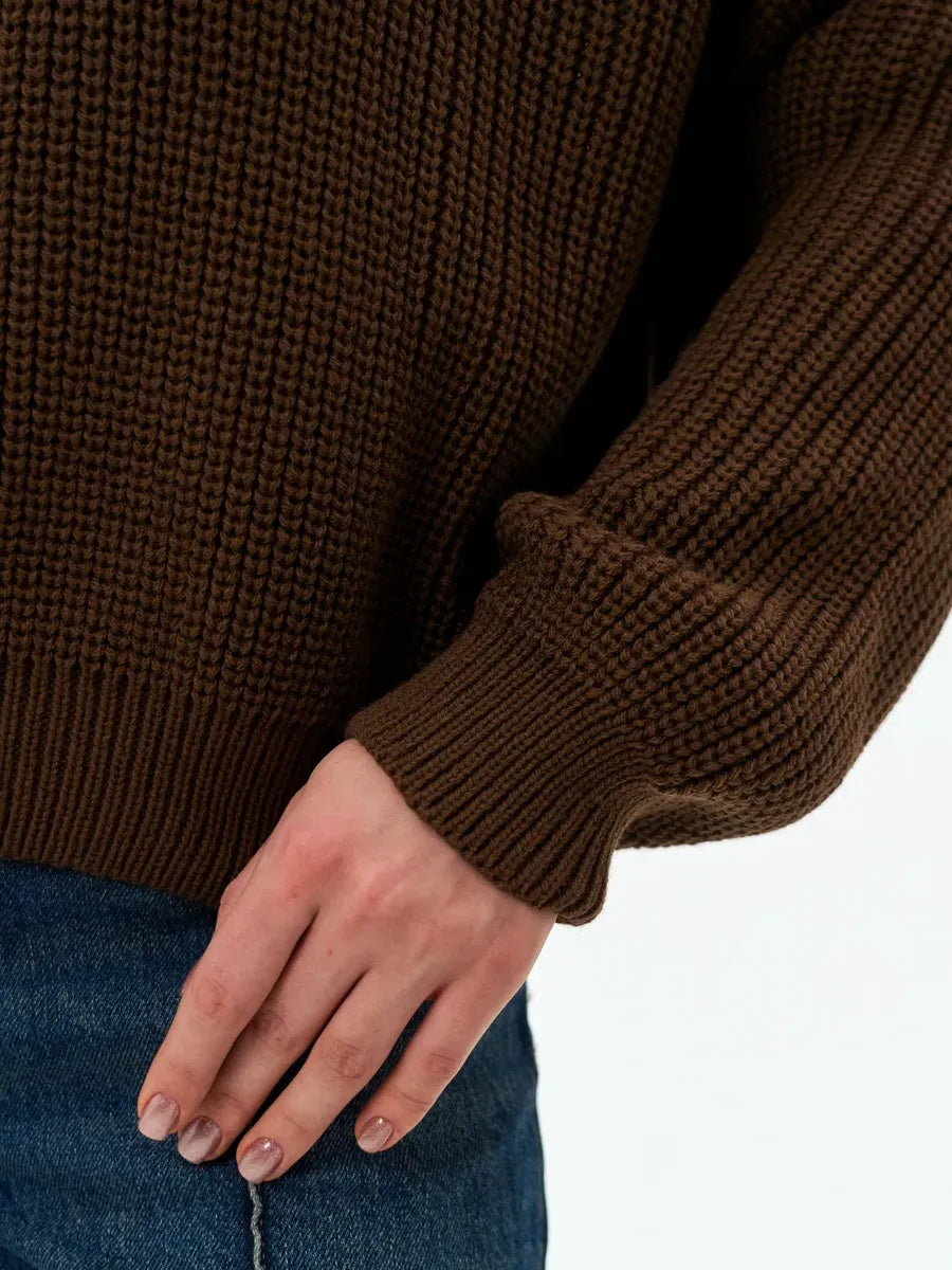 Orion Sweater by Lauven featuring chocolate brown oversized knitwear with ribbed texture and cropped length.