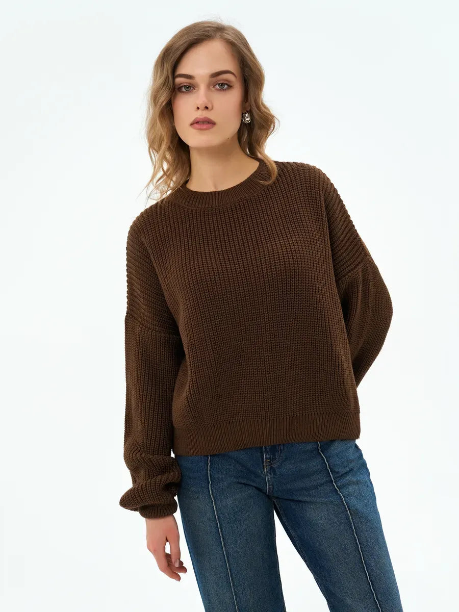 Orion Sweater by Lauven, chocolate brown oversized knitwear featuring a rib-knit design and round neckline.