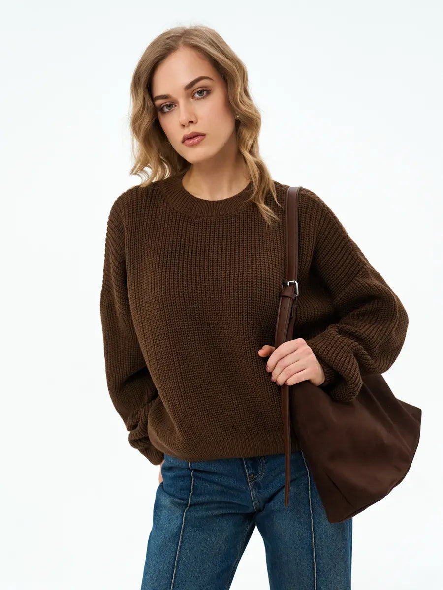 Orion Sweater from Lauven in chocolate brown, featuring an oversized fit and rib-knit design, perfect for elegant comfort.