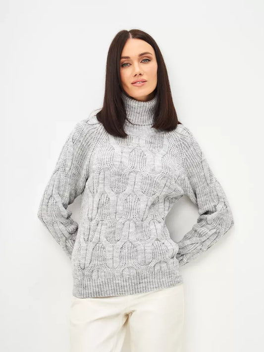 Osiris Sweater by Lauven — Oversized cable knit sweater with high neck in soft gray melange.