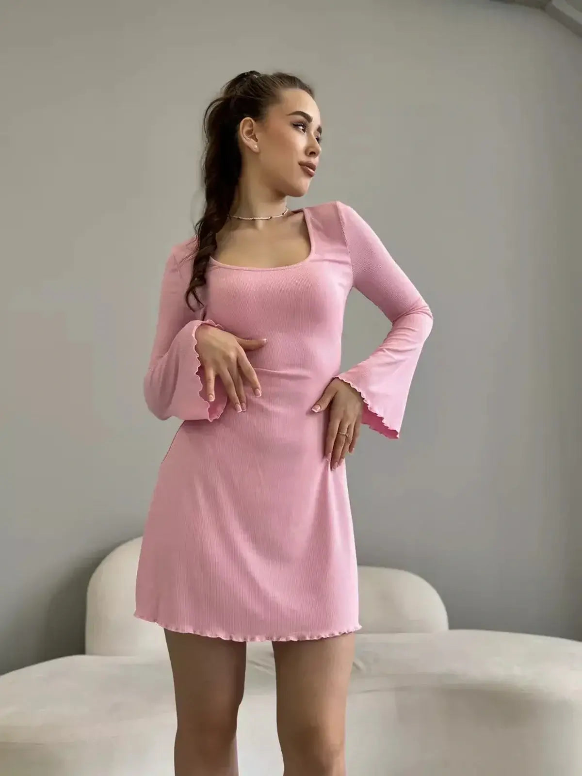 Cotton Lace Mini Dress by Lauven, featuring a pink ribbed design with long sleeves and square neckline.