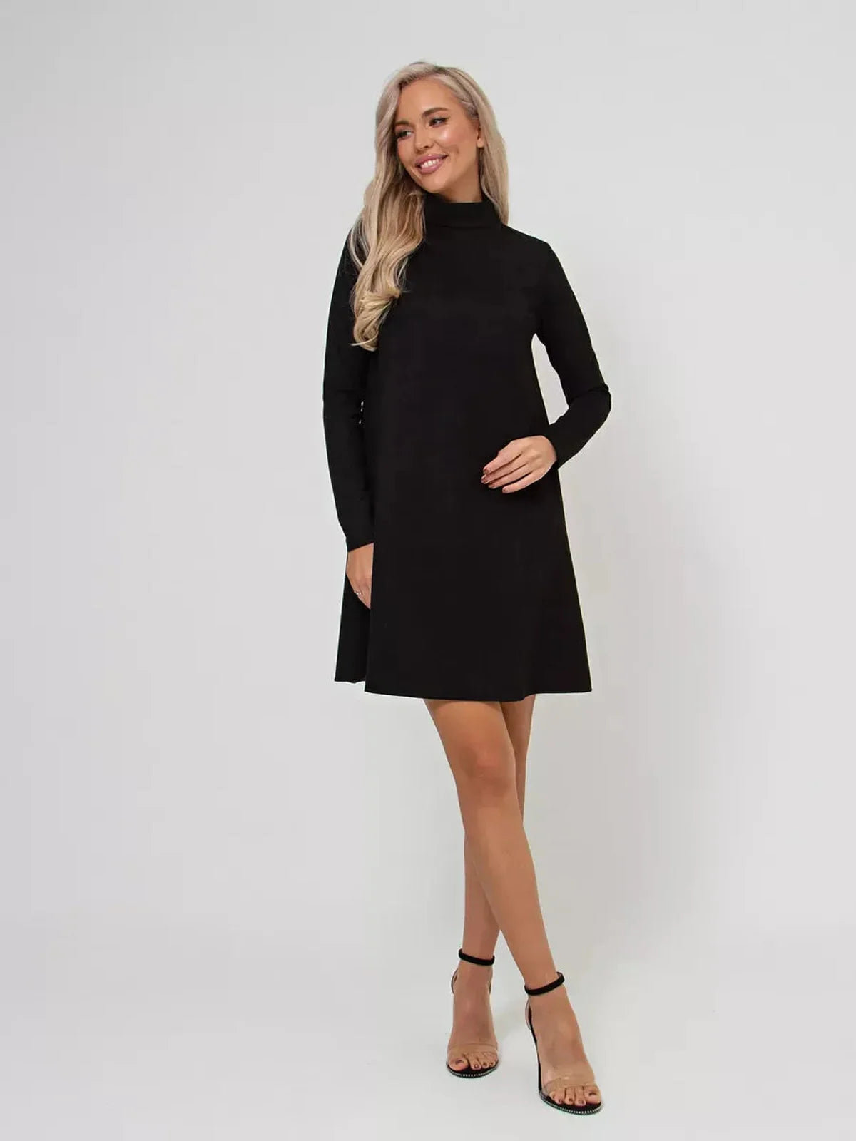 Quinn Mini Dress by Lauven, a black long sleeve A-line dress with mock neck designed for versatile styling.