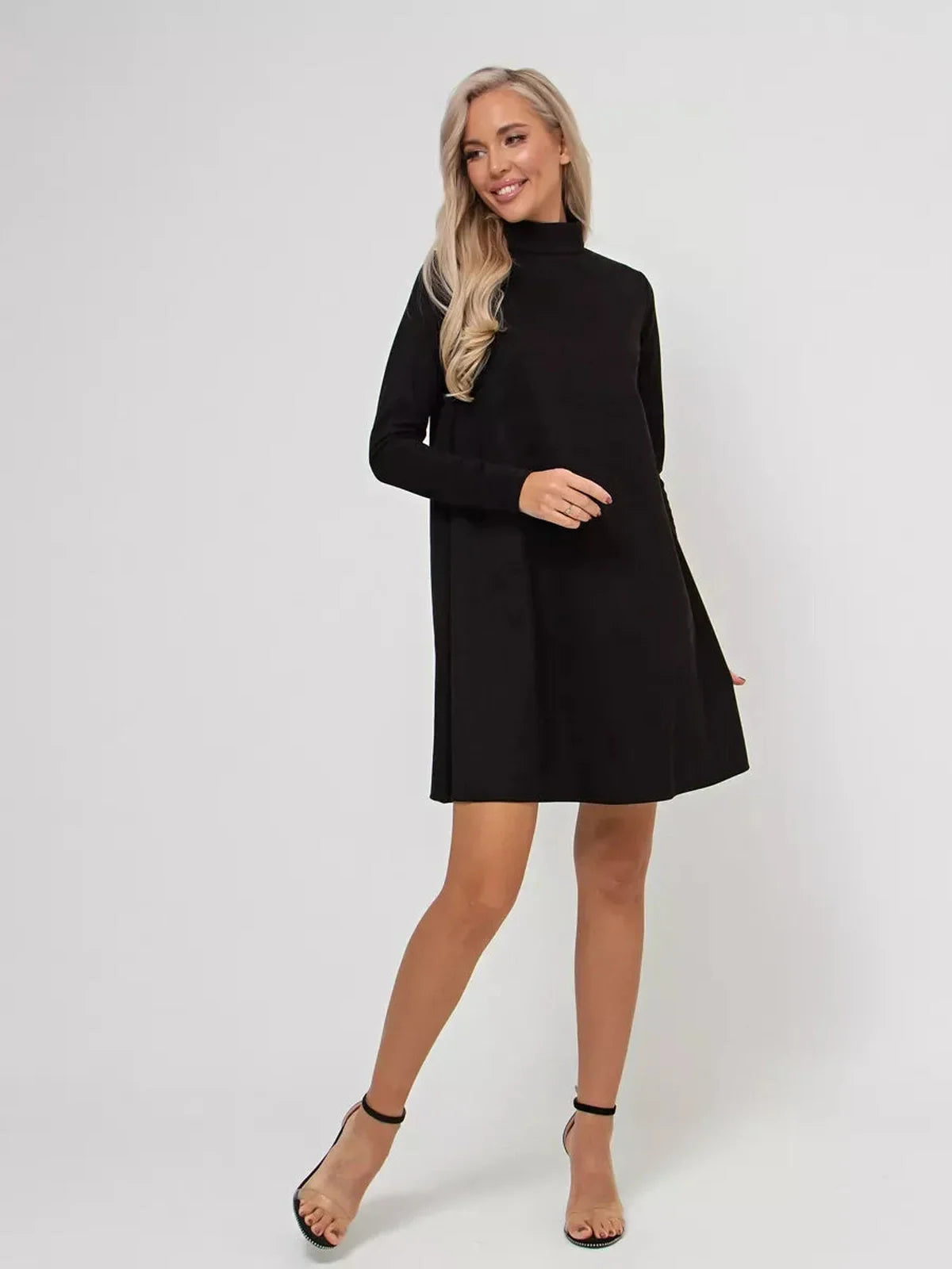 Quinn Mini Dress by Lauven, black long sleeve A-line with mock neck, perfect for any occasion.